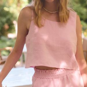 Costume pour femmes d'usine, style hawaïen, de haute qualité, sans manches, col rond, short, ensemble deux pièces, sur mesure, doux, 100% lin, shorts, costumes - Product Image 4