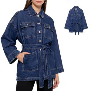 Manteau long en jean croisé pour femme avec ceinture à nouer et boutons décoratifs – Veste décontractée automne/hiver - Product Image 1