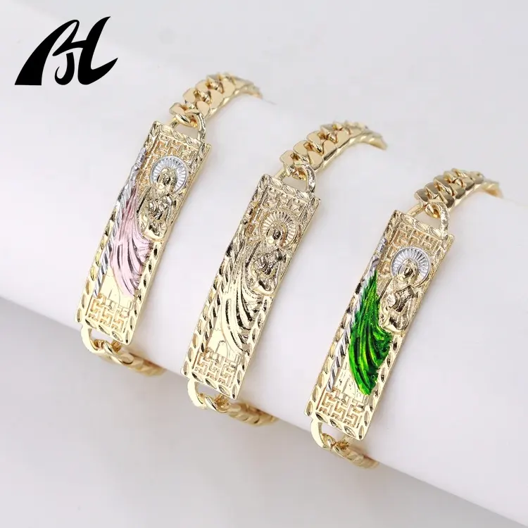 Pulsera de Oro de 14 quilates para hombre y mujer, brazalete de Oro de 14 quilates, color verde Laminado, estilo religioso, de platino, Punk