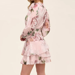 Women's Romantic Blush Pink Peony Floral Print V-Neck <b>Wrap</b>-Tie Waist Long Puff Sleeves Ruffle Chiffon Mini Dress for Wedding - Product Image 5