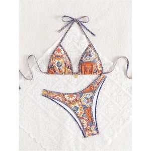 Women's Boho High Cut Bikini Set Halter Triangle Padded 2 Piece Retro Swimsuit Printed Spandex Polyester - Product Image 5