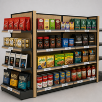 Étagère gondole en bois avec embout de fin de rangée, 4 niveaux réglables, montants à fentes, barrières porte-étiquettes transparentes, présentoir de supermarché pour la vente au détail