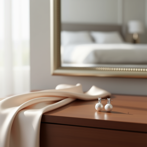 E2977 Orecchini a Perno in Oro Bianco con Perle Imitate, Gioielli Classici da Sposa per Donna - Product Image 2