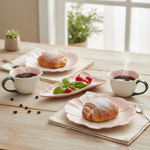 طقم أدوات مائدة سيراميك يدوي الصنع بتصميم زهور متدرجة اللون الوردي مع أطباق وأوعية وأكواب للاستخدام في المطاعم والفنادق - Product Image 4