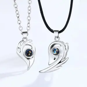 Couple Matching Necklace for Lovers Gift Heart Magnetic Paired Pendant Jewelry I Love You 100 Languages Choker 2 Pcs/set