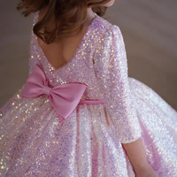 Robe fille été rose col en O manches longues paillettes moelleux maille dentelle mode robes de fête d'anniversaire pour enfants