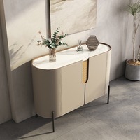 Console de salon contemporaine moderne minimaliste en cuir écologique avec rangement, buffet de luxe avec plateau en dalle de roche pour