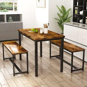 Mesa de Comedor MDF Marrón Rústico de Fácil Montaje y <span class=keywords><strong>2</strong></span> Bancos con Construcción Metálica Mesa de Cocina Ideal <span class=keywords><strong>para</strong></span> Desayuno <span class=keywords><strong>para</strong></span> 4 <span class=keywords><strong>Personas</strong></span> - Product Image 3