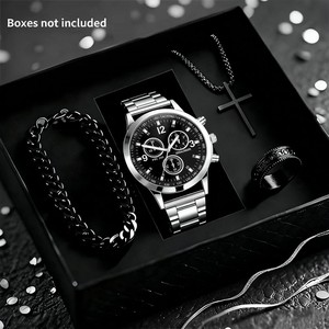 4 montres pour hommes, montres de mode pour hommes, bracelet en alliage, montre à quartz avec <span class=keywords><strong>coffret</strong></span> cadeau de bijoux - Product Image 1