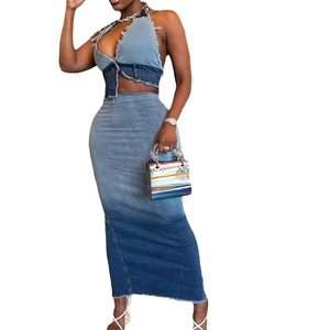 Nouvelle Robe Longue Femme Sans Manches à Col Halter et Dos Nu avec Lacets, Dégradé de Couleurs, Fendue, en Jean Sexy, Ensemble 2 Pièces Tendance - Product Image 5