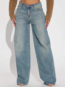 Jean en denim indigo vintage pour <span class=keywords><strong>femme</strong></span> 2026, coupe ample, jambe large, décontracté, amincissant, coupe droite, longueur au sol, OEM/ODM, délavé, automne - Product Image 2