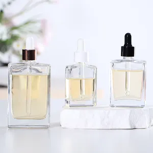 Clear 30ml 50ml 100ml Clear Flint Empty Flat Square 1oz Essential Oil Dropper Bottles Glass Container