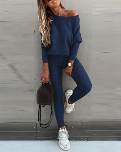 Costume de sport décontracté pour femmes haut pull solide à épaules dénudées avec pantalon long vêtements de sport en tricot qui frappe la longueur de la <span class=keywords><strong>cheville</strong></span> - Product Image 4