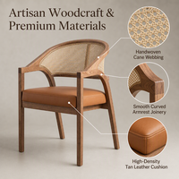 Chaise de salle à manger en rotin, fauteuil en bois avec dossier en cannage, assise et accoudoirs rembourrés de couleur beige pour salle à manger, restaurant, hôtel