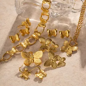 Mode Sieraden Sieraden Sets Vergulde Vlinder Drop Serie Chunky Rvs Ketting Oorbellen Gouden Ringen Voor Vrouwen