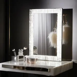 Hotel kustom Modern persegi panjang gratis berdiri kamar mandi tata rias pintar cermin kristal Salon rambut dengan lampu Led dan rak