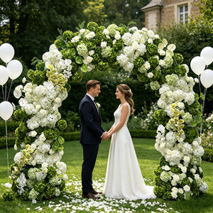 Arco de Flores Artificiales Hecho a Mano en Seda Blanca y Verde, Diseño Moderno para Entrada de Boda, Fondo Floral para Escenario - Product Image 2
