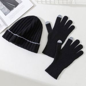 Autumn Winter Fashion 100% <b>Wool</b> Knitted Beanie Hat Touchscreen <b>Gloves</b> Set Solid Color Warm Thicken Casual Hat <b>Gloves</b> Set - Product Image 1