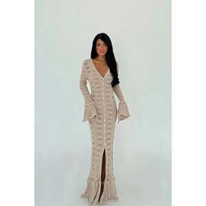 Vestido largo acampanado beige con botones, de viscosa y lana, para todas las estaciones, con cintura natural, estampado o liso, para invierno, otoño y verano, con cinturón y volantes. - Product Image 3