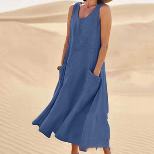 Robe <span class=keywords><strong>Bohème</strong></span> Moderne pour <span class=keywords><strong>Femme</strong></span> Sans Manches Taille Mi-Haute Silhouette Évasée en Mélange Coton-Lin avec Poche et Imprimé Thème Océan - Product Image 5