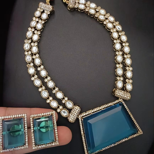 Conjunto AD Polki con Piedra Monalisa, Combinación de Traje a Juego, Collar y Aretes para Boda - Product Image 1