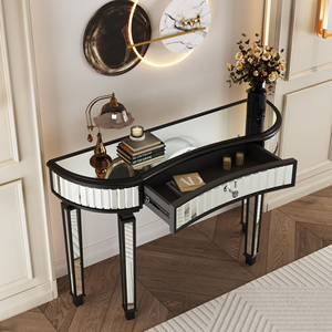 Half Moon Mirrored <b>Console</b> <b>Table</b> 47 Inch Fluted Glass Crystal Knob Drawer <b>Silver</b> Entryway Vanity Desk Bedroom Dressing - Product Image 5
