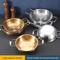Yolecen 18-26cm Pot à ramen en acier inoxydable à double oreille à usage commercial soupe instantanée à fond plat en or de style coréen pour les fêtes