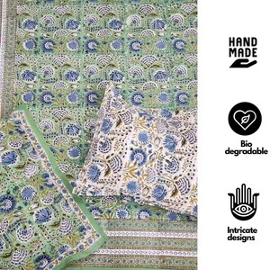 Sang Trọng 100% Tinh Khiết Bông Bedsheet Đặt Ngọc Lục Bảo Màu Xanh Lá Cây Với Tay Khối In Làm Mát Mùa Hè Bộ Đồ Giường Bao Gồm 2 Gối Trường Hợp Lanh - Product Image 3