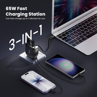 Chargeur pour ordinateur portable Tommox 65W Gan Fast USB-C multi-câbles rétractables, adaptateur Type-C 65W pour smartphone iPhone 17 MacBook