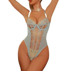 Modieuze Blauwe Kanten Teddy Lingerie Set Geborduurd En Sexy Bodysuits Met Kwastjes En Kousenbanden Comfortabel Stijlvol Voor Vrouwen - Product Image 6