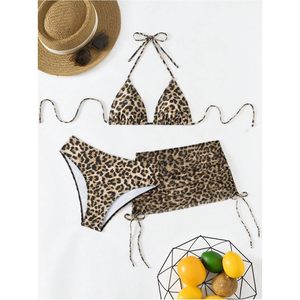 Ensemble bikini 3 pièces imprimé guépard pour femme, maillot de bain triangle dos nu avec jupe de plage, tenue de plage extensible en spandex et polyester - Product Image 4