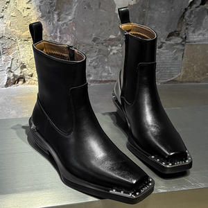 Bottes Chelsea pour hommes en cuir véritable à bout carré et talon haut, style britannique décontracté, toutes saisons, avec fermeture éclair, vente en gros - Product Image 5