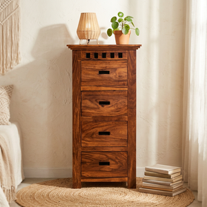 Commode haute en chêne massif de style mid-century moderne avec 4 tiroirs en acier et 3 options de finition, autoportante pour chambre à coucher, commode de luxe - Product Image 1