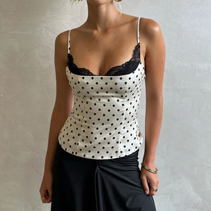<b>Lace</b> <b>Trim</b> Polka Dot Women's <b>Cami</b> <b>Top</b> Slim Fit Cropped Tank Sweet & Sexy Style Layering Blouse - Product Image 2