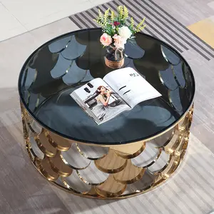 Muebles de lujo para sala de estar, mesa de centro redonda de cristal con base de acero inoxidable dorado moderno