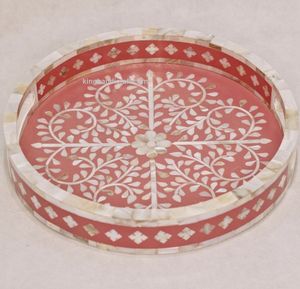 Plateau en bois avec incrustation de nacre bohème pour le Ramadan Eid Mubarak |   Plateau de service flexible artisanal pour aliments, boissons et dattes - Product Image 3