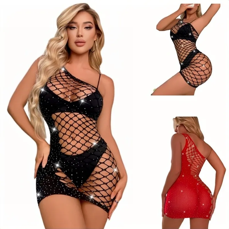 Kadınlar seksi ışıltılı Rhinestones Lingerie diyagonal yaka kolsuz Mini elbise büyük örgü ızgara egzotik Lady Lingerie