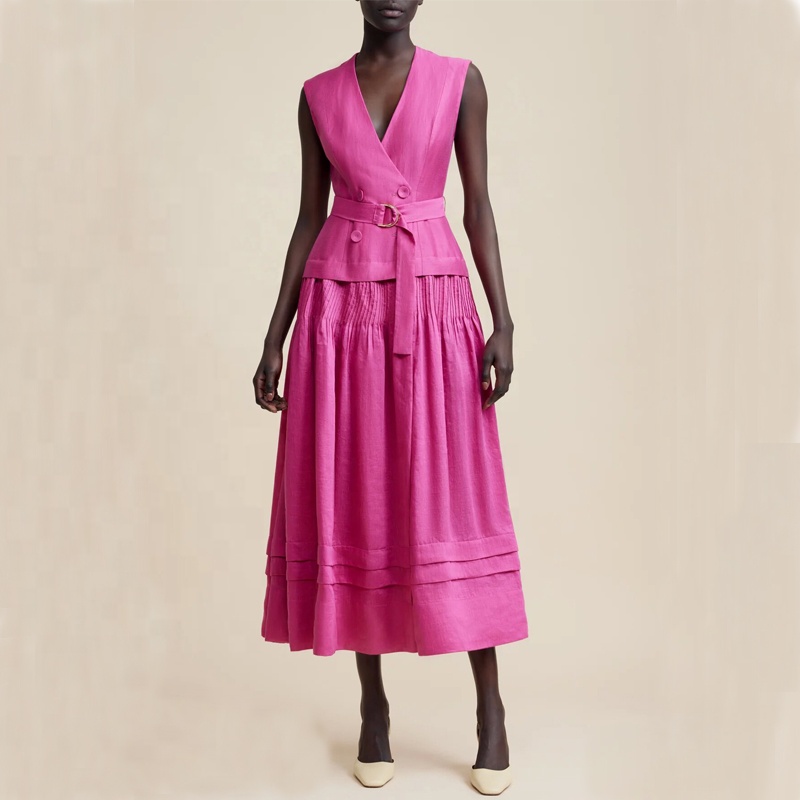 2024 Hot Sale V Nect Wrap Vest Loose Dress Classic Soft Linen Blend Sleeveless Pink Double Breasted Elegant Shirt Dress