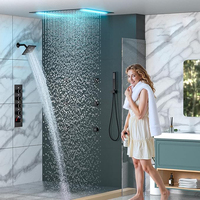 Ensemble de douche thermostatique en laiton noir avec pommeau de douche LED multifonction effet pluie 14x20 pouces pour salle de bain