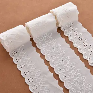 Flower Design 8.5cm Width White Embroidery Cotton Lace Trim Eyelet Lace for Clothing