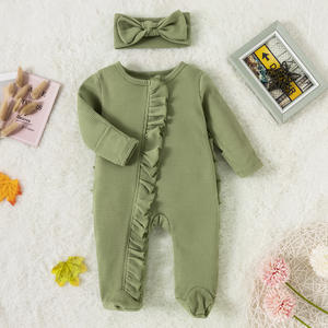 Pyjama en coton gaufré pour nouveau-né, couleur unie, barboteuse zippée à manches longues, combinaison à volants pour bébé, grenouillère avec pieds intégrés - Product Image 4
