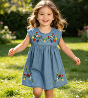 Robe d'été formelle en jean de coton brodé pour enfants, personnalisable, plus de 50 couleurs, échantillon en 7 jours |   En stock |   Usine OEM/ODM de Foshan