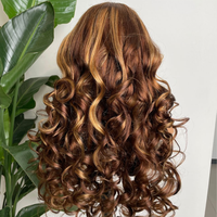 Pelucas de Cabello Humano Ondulado Suelto al por Mayor con Flequillo, Sin Pegamento, Encaje Frontal Transparente, con Reflejos, Rizos Voluminosos, Pelucas de Cabello Virgen