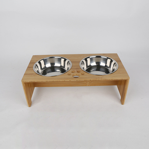 Bamboo Pet Food <b>Table</b> Double Stainless Steel Bowl For <b>Dogs</b> Cats - Product Image 1
