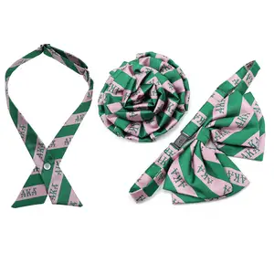 Customized Pink Green Striped Women Corsage Brooch Cross Bowtie Set Polyester Flower Pins Sorority Woven Bow Ties