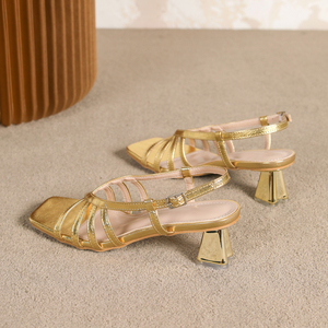 <span class=keywords><strong>Sandalias</strong></span> de <span class=keywords><strong>Mujer</strong></span> con Cordones y Punta Abierta, Material PU Dorado, Tacón Cuadrado <span class=keywords><strong>Bajo</strong></span>, Diseño Moderno y a la Moda - Product Image 6