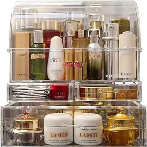 Caja de almacenamiento de maquillaje acrílica grande avanzada moderna, caja de almacenamiento de maquillaje portátil para tocador de baño