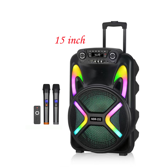 NDR-152 15 Inch Wireless Blue-tooth Trolley Karaoke Speaker with Wireless Mic Outdoor RGB Light Part Super Bass Woofer Speaker