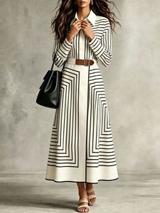 Robe chemise rayée géométrique pour femme, robe midi à manches longues avec col à revers et ceinture, robe élégante de bureau style A-line - Product Image 2