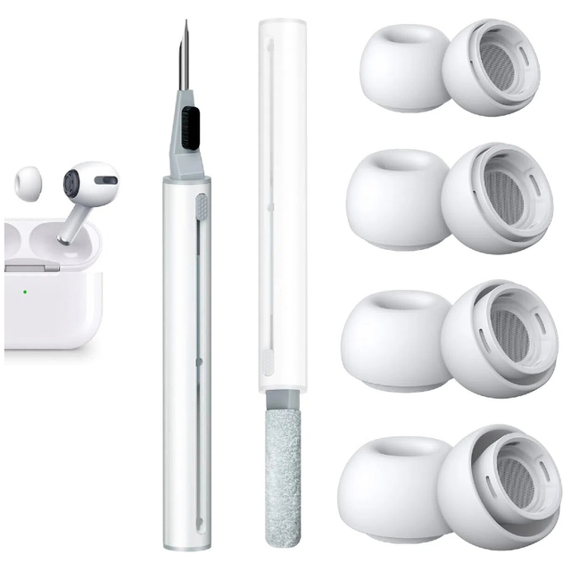 4Pairs Silicone Ear Tips 1:1Replacement for AirPods Pro with Noise Reduction Holes,package Box,Cleaning Pen,XS/S/M/L,White&Black